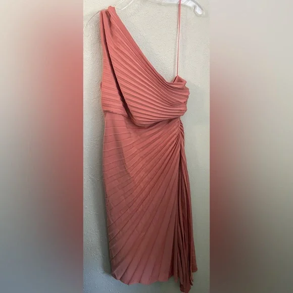 NWT Banana Republic Gorgeous One Shoulder Pleated Coral Pink Asymmetric Dress 12 - Picture 8 of 13